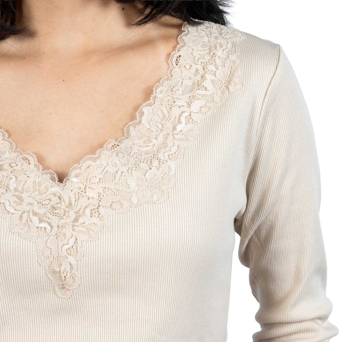 Dylan Remi V-Neck Lace Trim Natural Top