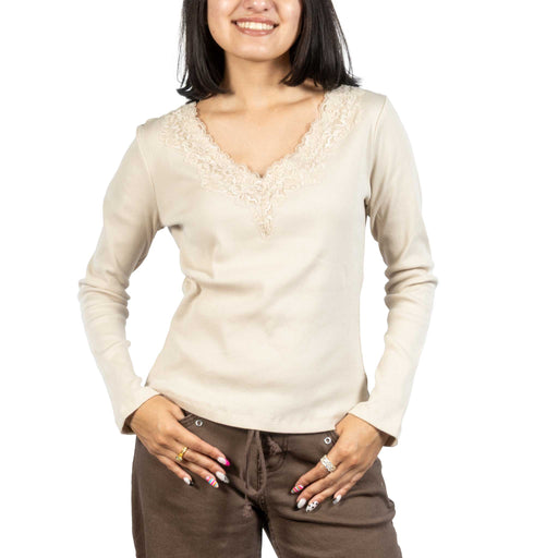 Dylan Remi V-Neck Lace Trim Natural Top WOMEN - Clothing - Tops - Long Sleeved Dylan