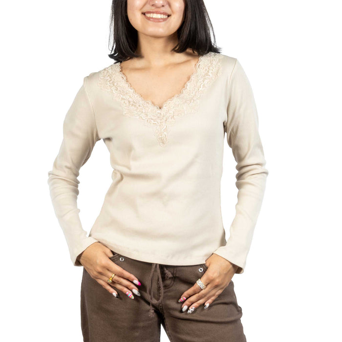 Dylan Remi V-Neck Lace Trim Natural Top