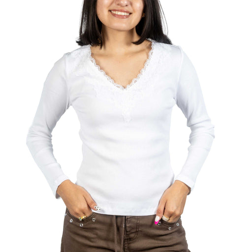 Dylan Remi V-Neck Lace Trim White Top WOMEN - Clothing - Tops - Long Sleeved Dylan