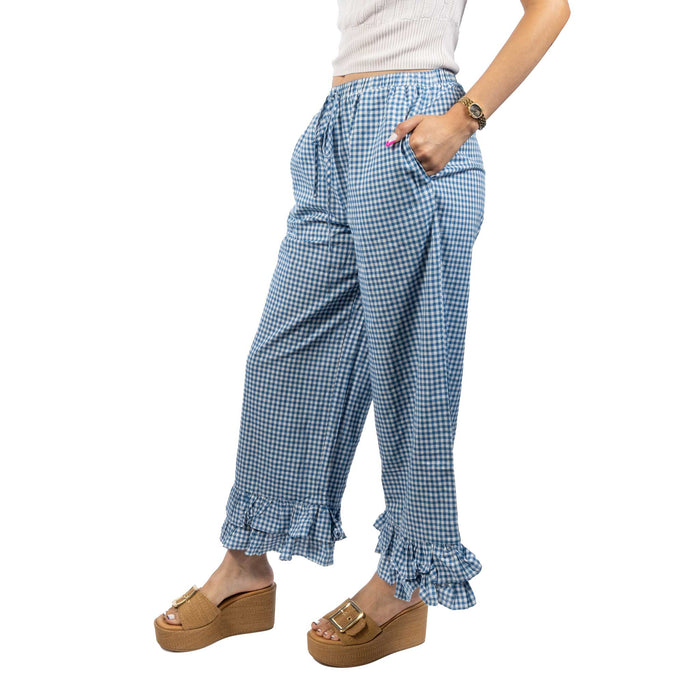 Gingham Ruffled Hem Cropped Blue Pant WOMEN - Clothing - Pants & Leggings Vine & Love