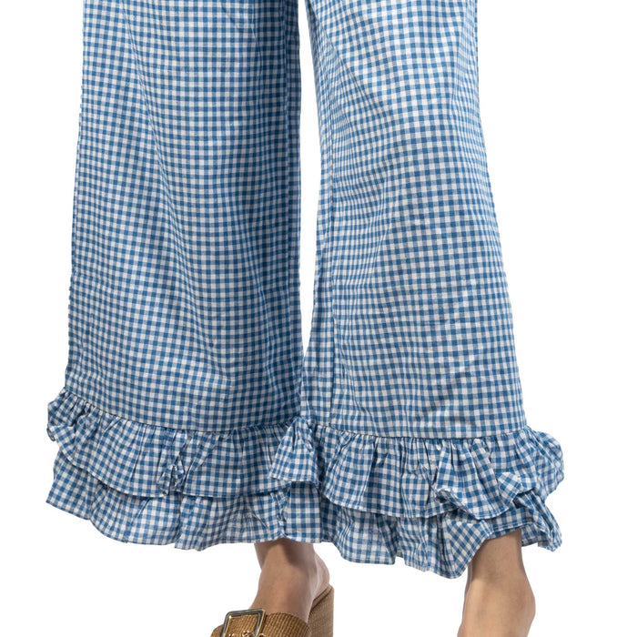 Gingham Ruffled Hem Cropped Blue Pant WOMEN - Clothing - Pants & Leggings Vine & Love