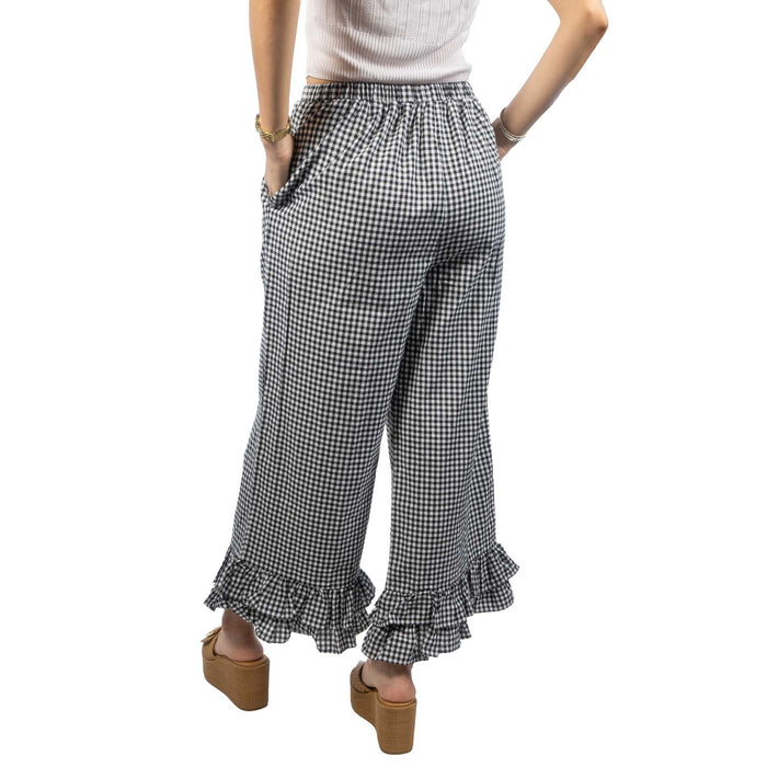 Gingham Ruffled Hem Cropped Black Pant