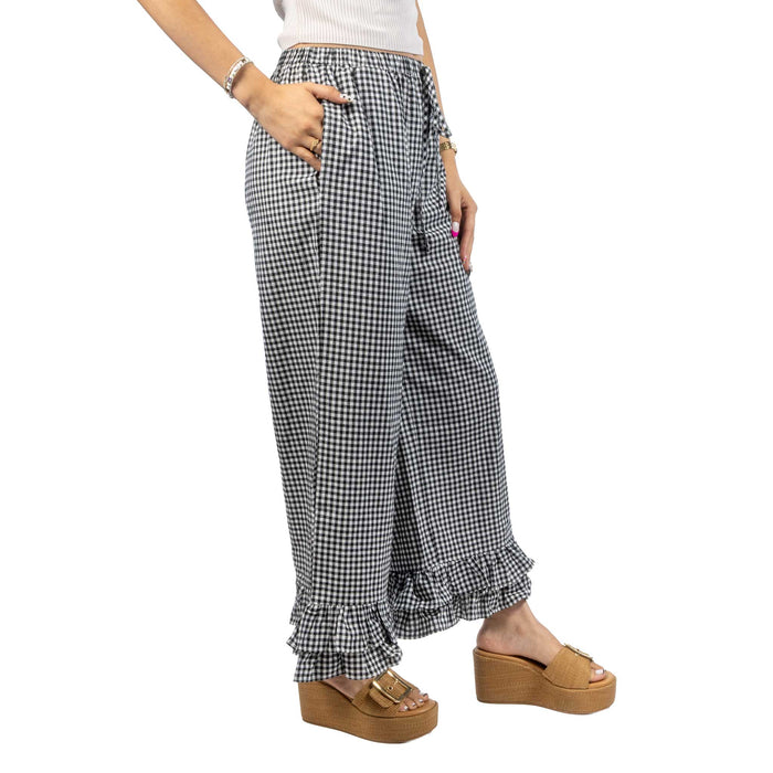 Gingham Ruffled Hem Cropped Black Pant