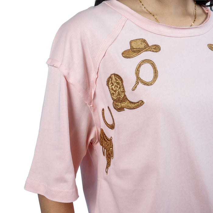 Western Embroidered Pink Top WOMEN - Clothing - Tops - Short Sleeved Lucky & Blessed