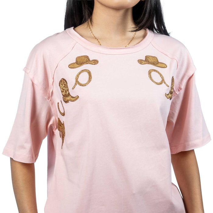 Western Embroidered Pink Top WOMEN - Clothing - Tops - Short Sleeved Lucky & Blessed