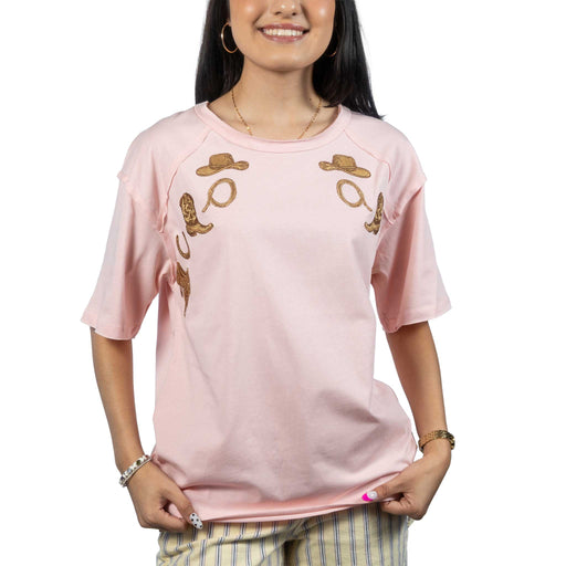 Western Embroidered Pink Top WOMEN - Clothing - Tops - Short Sleeved Lucky & Blessed