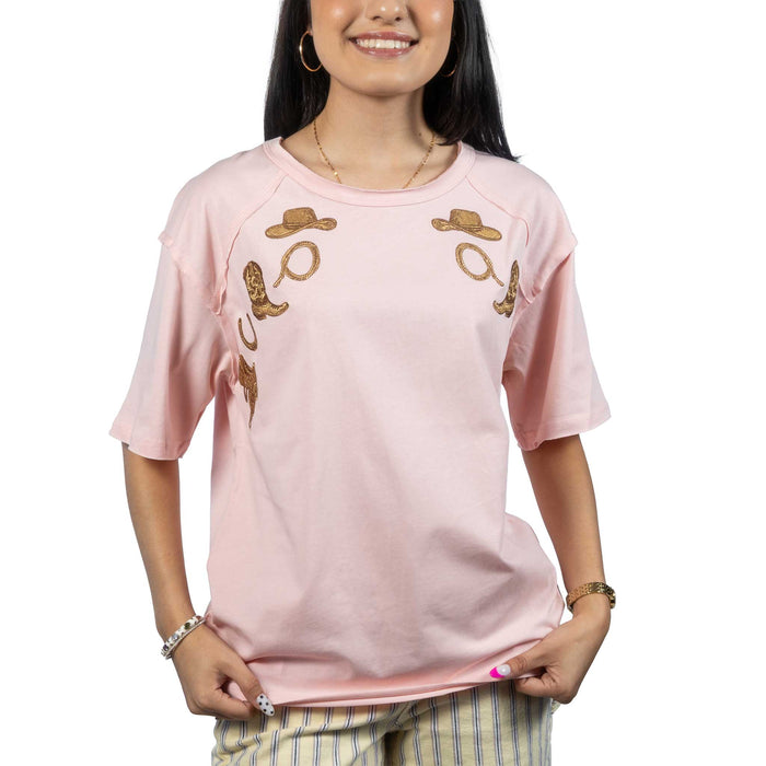 Western Embroidered Pink Top WOMEN - Clothing - Tops - Short Sleeved Lucky & Blessed