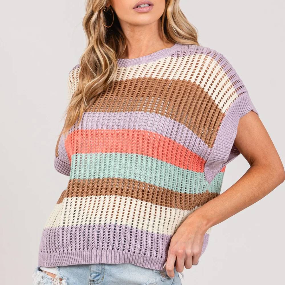 Color Block Stripe Crochet Sweater Top WOMEN - Clothing - Tops - Short Sleeved KLD   