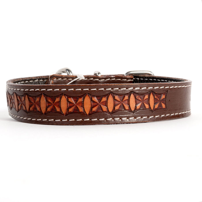 Box Cross Tooled Leather Dog Collar