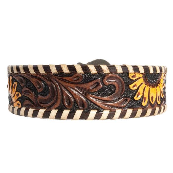 Sunflower Tooled Leather Dog Collar With Engraved Buckle