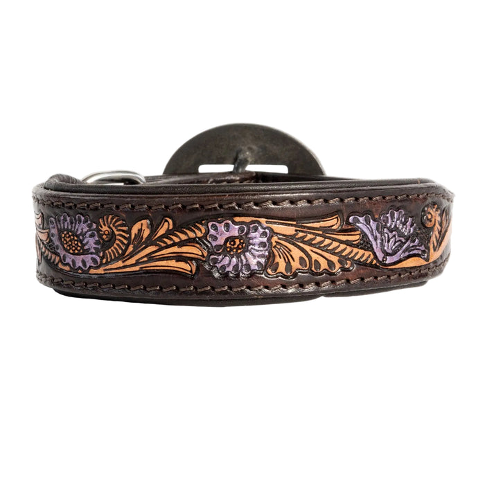 Metallic Floral Leather Dog Collar With Engraved Buckle