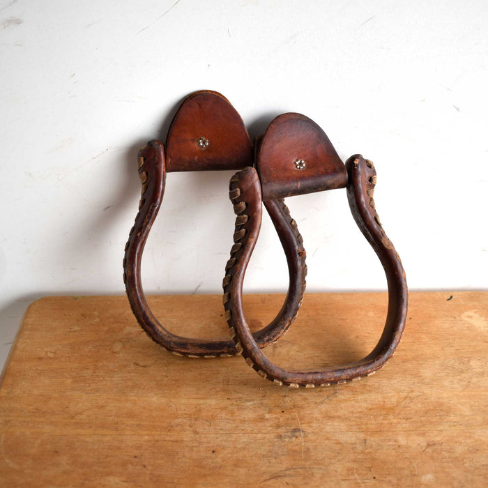 Used Leather Covered Flat Bottom Oxbow Stirrups