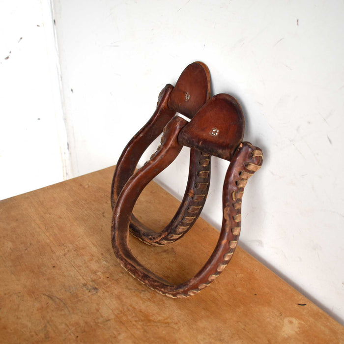Used Leather Covered Flat Bottom Oxbow Stirrups