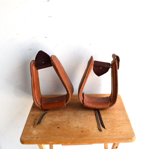 Used Leather Covered Roping Stirrups with Hoofpick Holder Sale Barn Teskey's