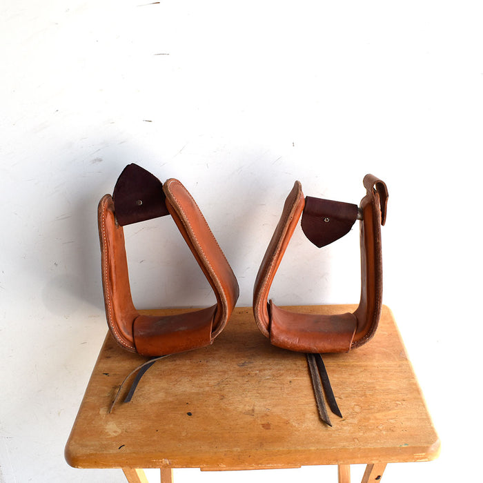 Used Leather Covered Roping Stirrups with Hoofpick Holder Sale Barn Teskey's