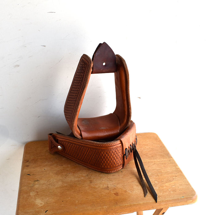 Used Leather Covered Roping Stirrups with Hoofpick Holder Sale Barn Teskey's