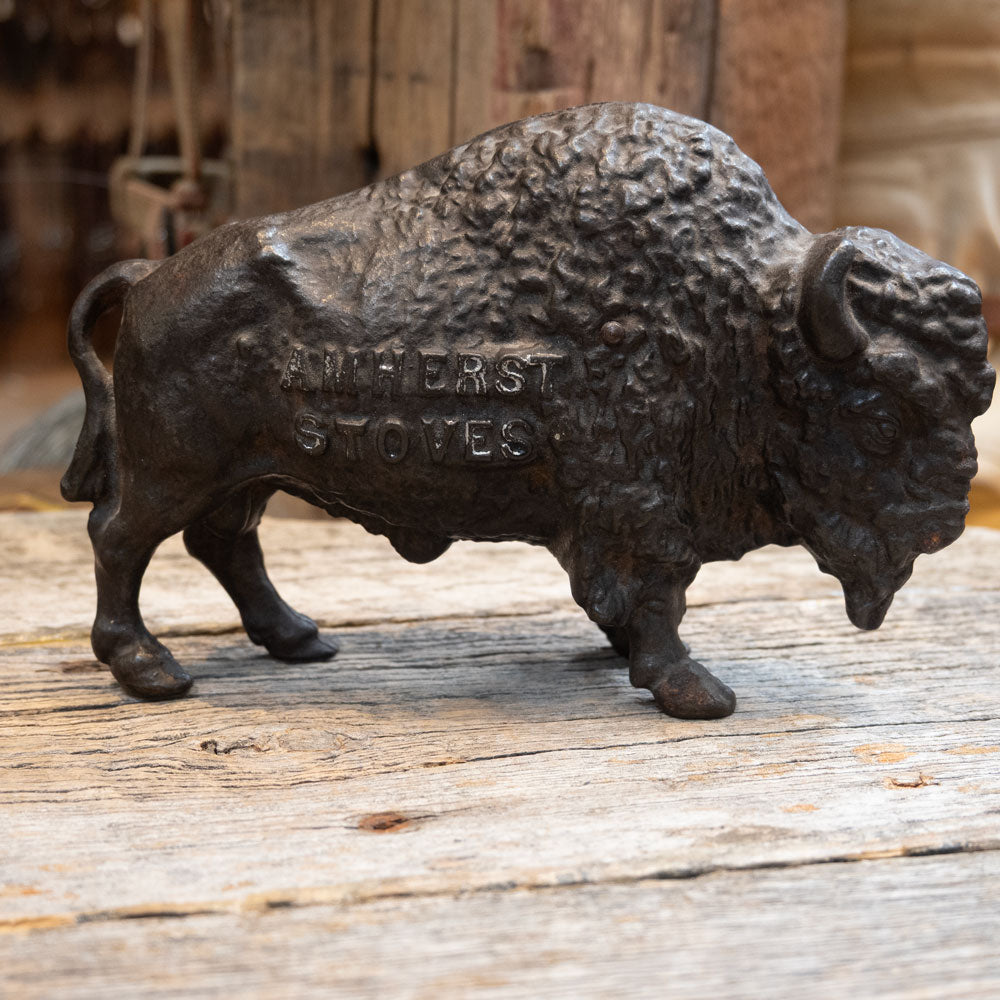 1920's Antique Cast Iron Bank Amherst Stoves Buffalo Statue