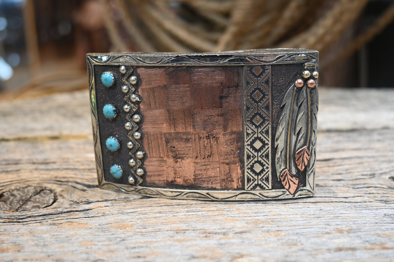 The Rowdy Rose Aztec Style Belt Buckle with Turquoise