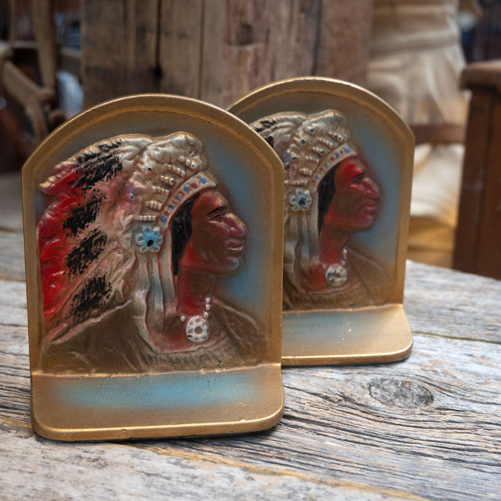 Vintage Indian Chief Brass Bookends