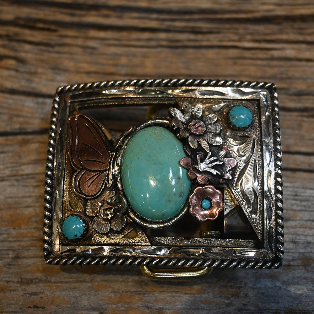 The Rowdy Rose Aztec Style Belt Buckle with Turquoise