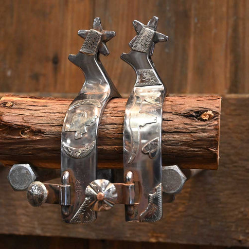 Ricky Trammel Silver Texas and Longhorn Mounted Spurs 5 pt Rowels Tack - Spurs Ricky Trammell