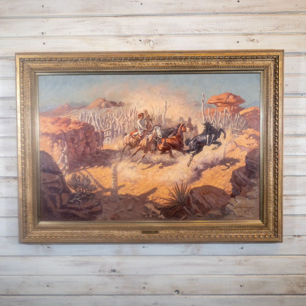 Western Art - J.W. Hampton  "Ropin the Black" oil 1961 _CA642