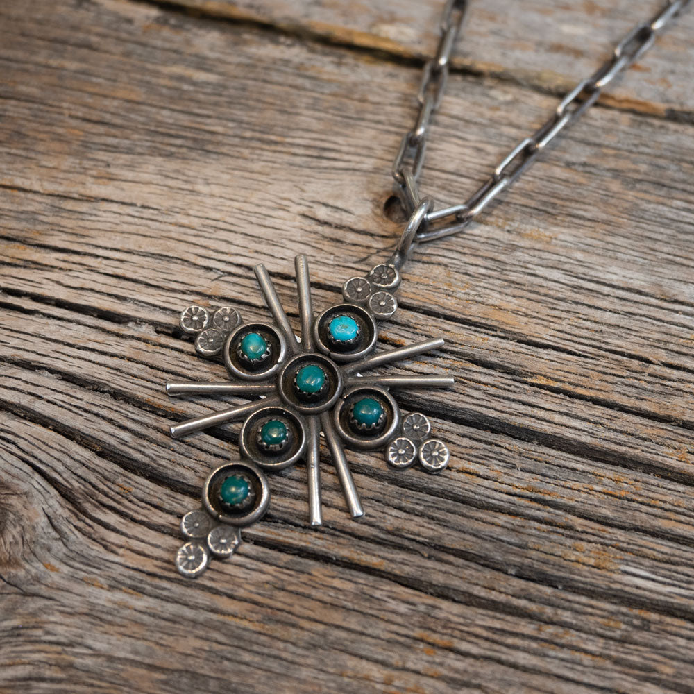 Vintage Sterling Silver Chain & Turquoise Cross Pendant
