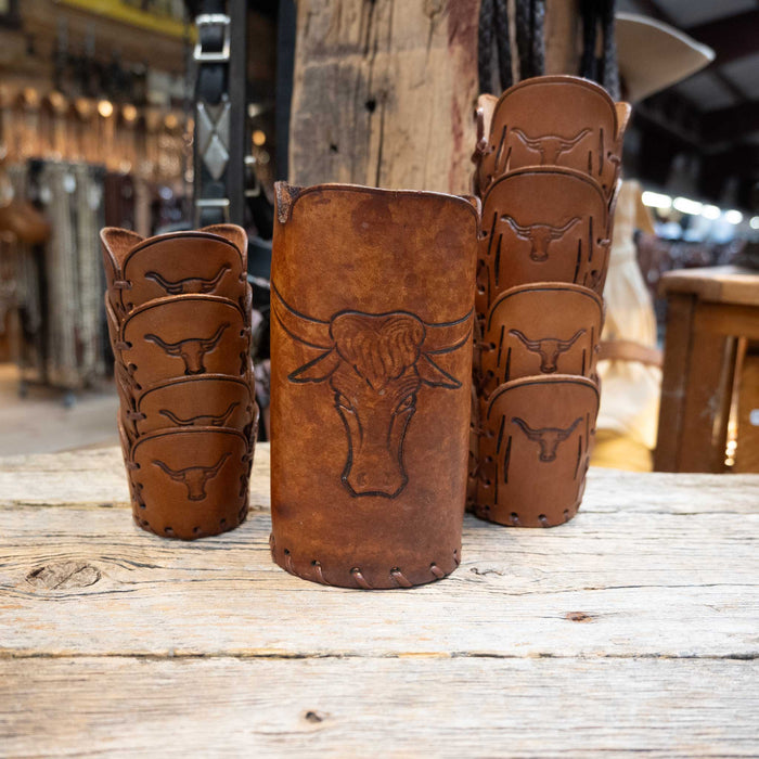 Leather Glass Cover Set with Carved Longhorn Steer