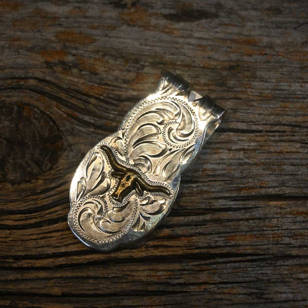 Handmade Silver Engraved Long Horn Money Clip _CA1153 Collectibles TESKEY'S