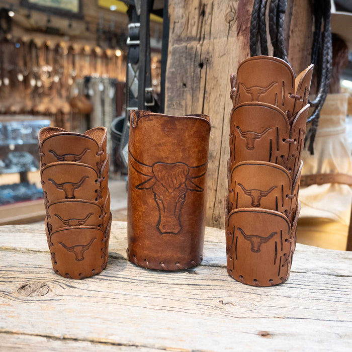 Leather Glass Cover Set with Carved Longhorn Steer