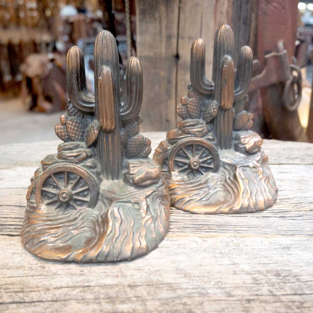 Vintage Bronze Saguaro Cactus Scene Bookends