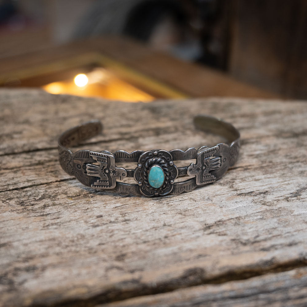 Vintage Sterling Silver Engraved - Turquoise Bracelet Cuff