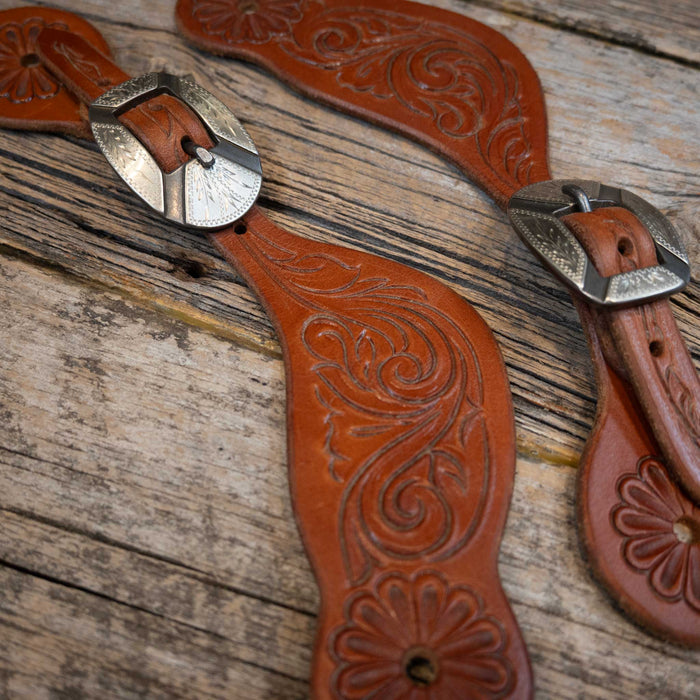 Tooled Leather Spur Straps w/Ownbey Buckles Tack - Spur Straps Josh Ownbey Cowboy Line