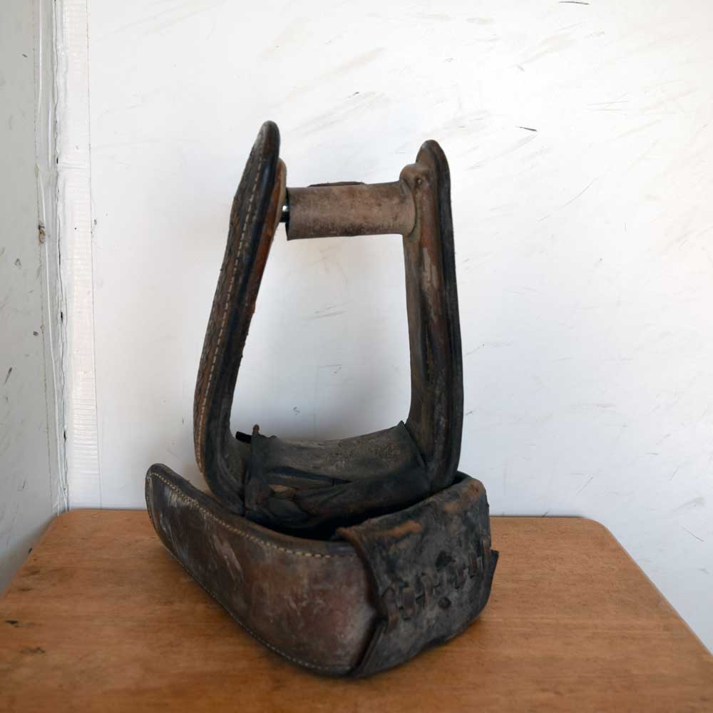 Used Leather Covered Roping Stirrups Decor Only Sale Barn Teskeys   