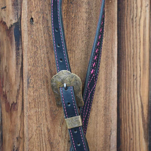 Handmade J-W Split ear Black Headstall - with PINK Buck Stitching AAHT040 Tack - Headstalls JW Leather