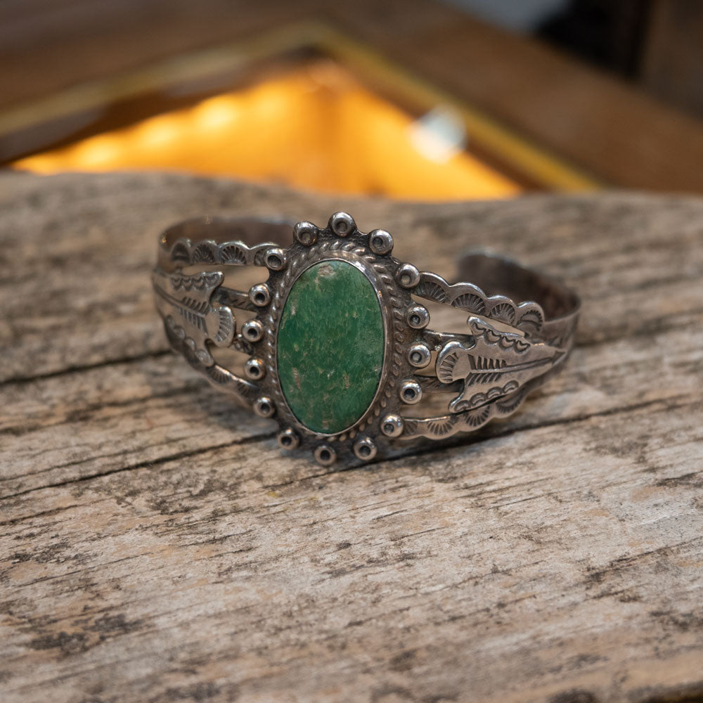Vintage Sterling Silver Engraved - Turquoise Bracelet Cuff