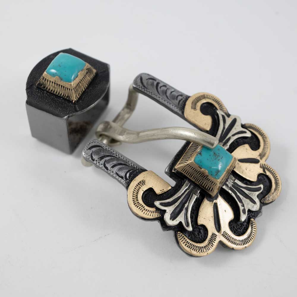 Silver And Gold Cross Buckle With Turquoise Stone And Keeper Tack - Conchos & Hardware - Buckle MISC   