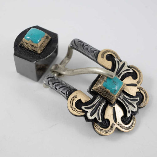 Silver And Gold Cross Buckle With Turquoise Stone And Keeper Tack - Conchos & Hardware MISC   