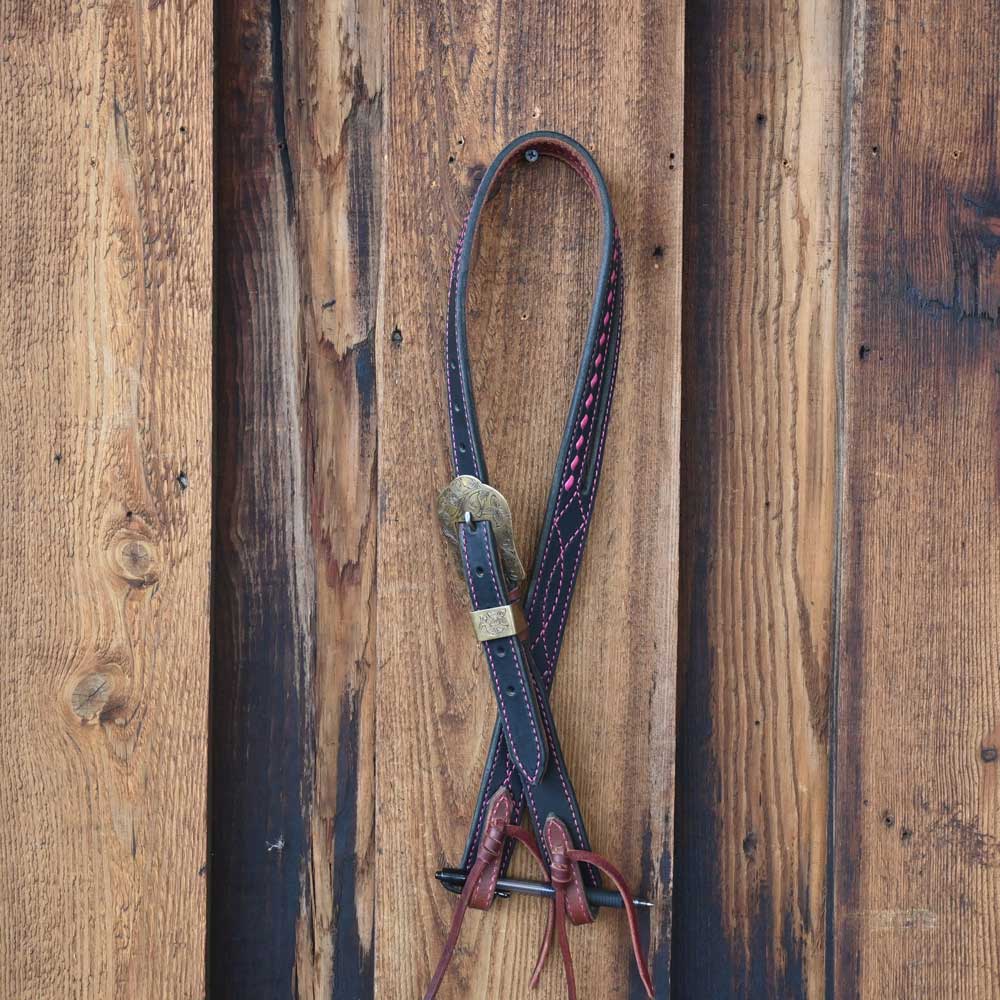 Handmade J-W Split ear Black Headstall - with PINK Buck Stitching AAHT040 Tack - Headstalls JW Leather