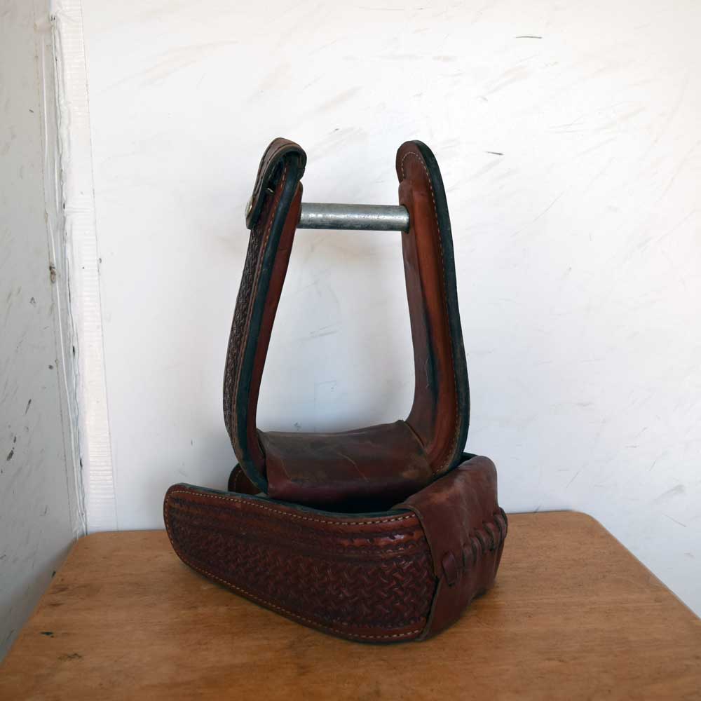 Used Leather Covered Roping Stirrups Tooled Medium Oil Sale Barn Teskeys   