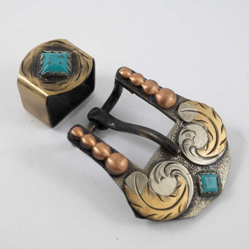 Turquoise Stone Buckle With Copper Dots and Keeper Tack - Conchos & Hardware - Buckle MISC   