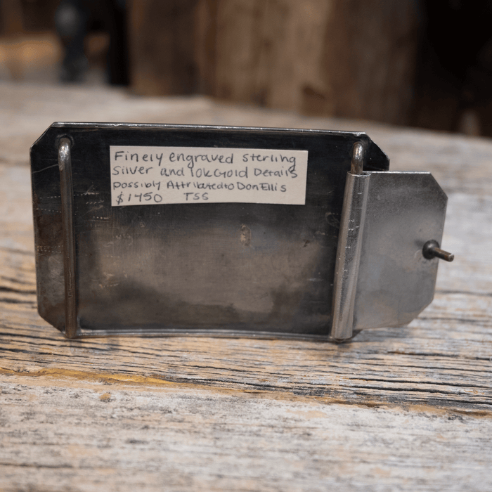 Finely Engraved Vintage Sterling Silver & 10K Gold Belt Buckle