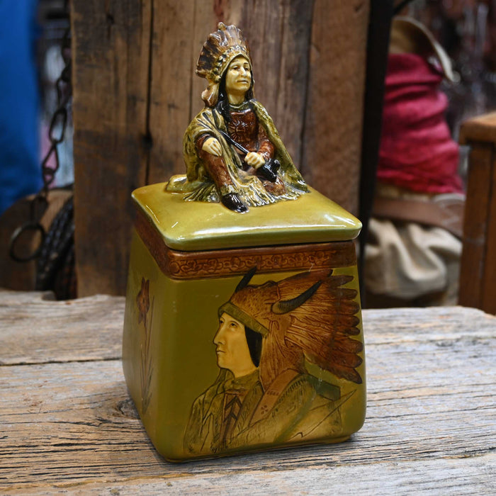 Antique Ceramic Majolina Tobacco Hunidor painted w/ Indian Chief motif