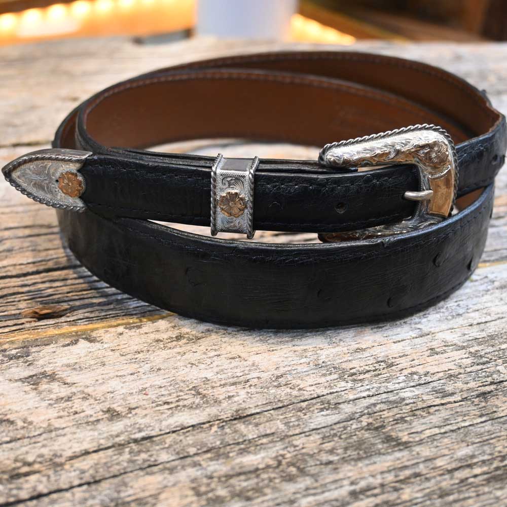 Kemo Sabe Vintage Belt with Genuine Ostrich and Sunset Trail 3-Piece Sterling Silver Buckle Collectibles Sunset Trail