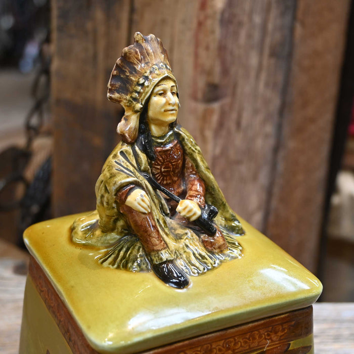 Antique Ceramic Majolina Tobacco Hunidor painted w/ Indian Chief motif