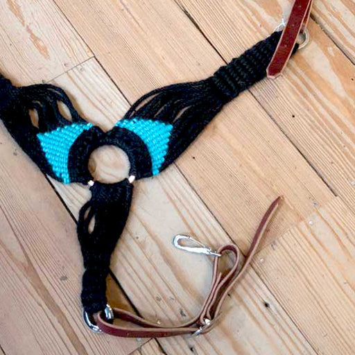 Handmade Black & Turquoise Mohair Pulling Collar Tack - Breast Collars Iron Horse Head Brand