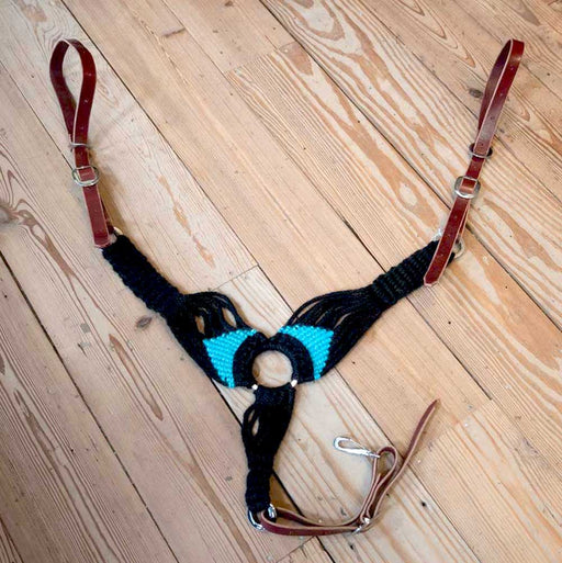 Handmade Black & Turquoise Mohair Pulling Collar Tack - Breast Collars Iron Horse Head Brand