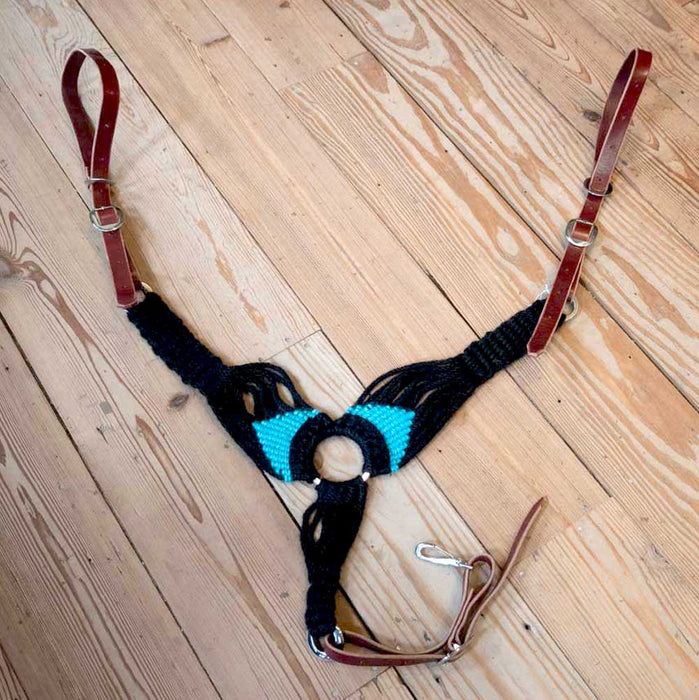 Handmade Black & Turquoise Mohair Pulling Collar Tack - Breast Collars Iron Horse Head Brand