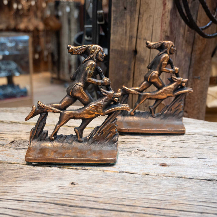 Vintage Cast Iron Hunting Indian w/dogs Bookends